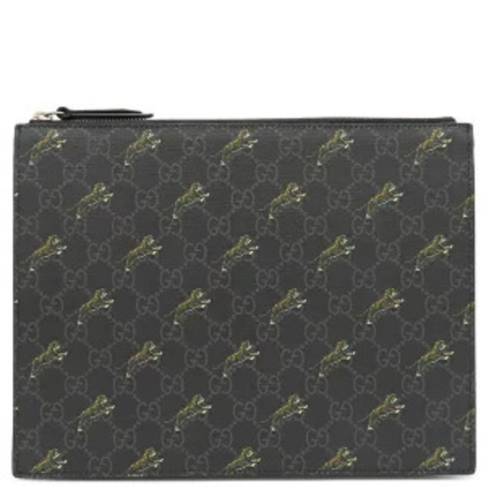 Gucci clutch bag tiger GG Supreme canvas leather black Gunmetal Gray Shoulder